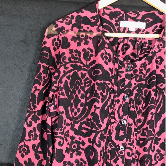 Ann Taylor  LOFT Womens Blouse Maroon Black Floral Long Sleeve Sheer Large - Picture 3 of 11